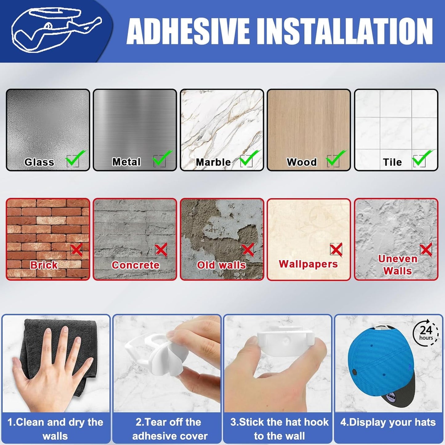 Livhil 24 Pack Durable Hat Hooks, Minimalist Hat Rack Design, No Drilling Hat Organizer for Wall, ABS White