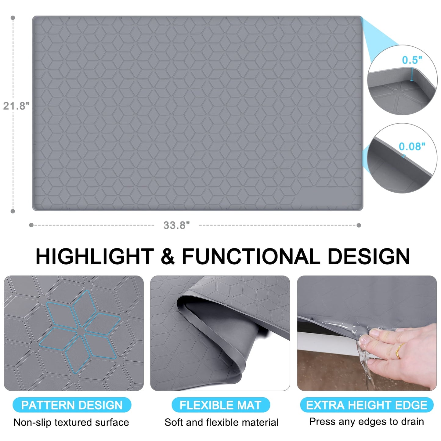 Livhil Under Sink Mat for Kitchen Waterproof, 34"x 22" Silicone Sink Mat Cabinet Liner for Bathroom Under Sink Mat with Raised Edge