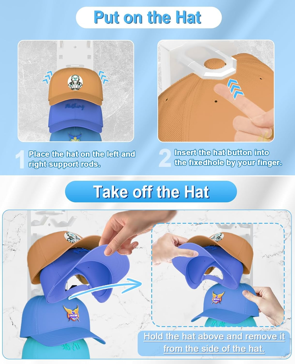 Livhil 2 Pack Hat Rack for Baseball Caps, Hat Organizer Display Holder Hold Up to 18 Hats