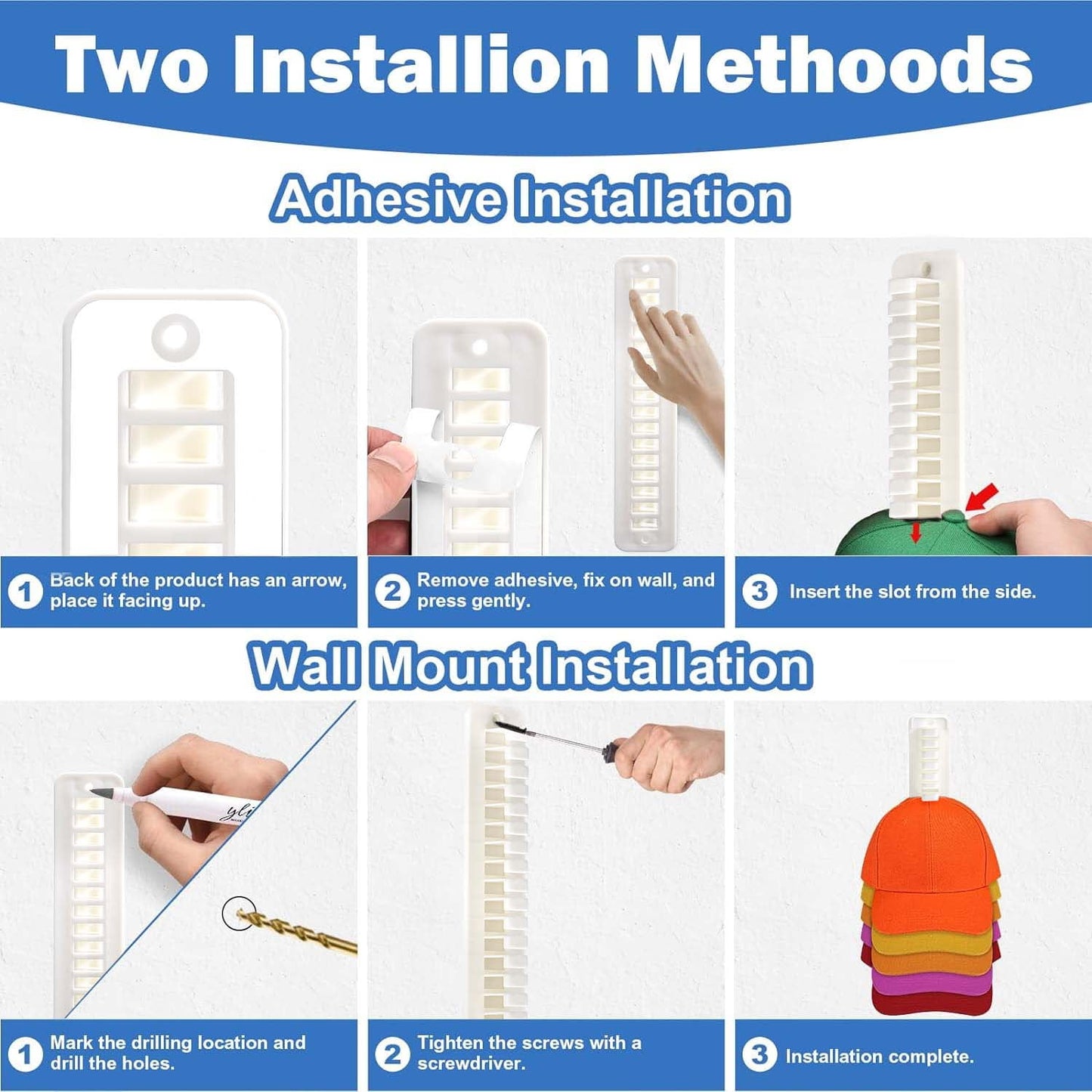 Livhil 2 Pack Hat Organizer for Baseball Caps, Plastic Hat Rack for The Wall with Strong Adhesive, Hat Hanger Display up to 32 Hats for Wall Door Closet (Black)