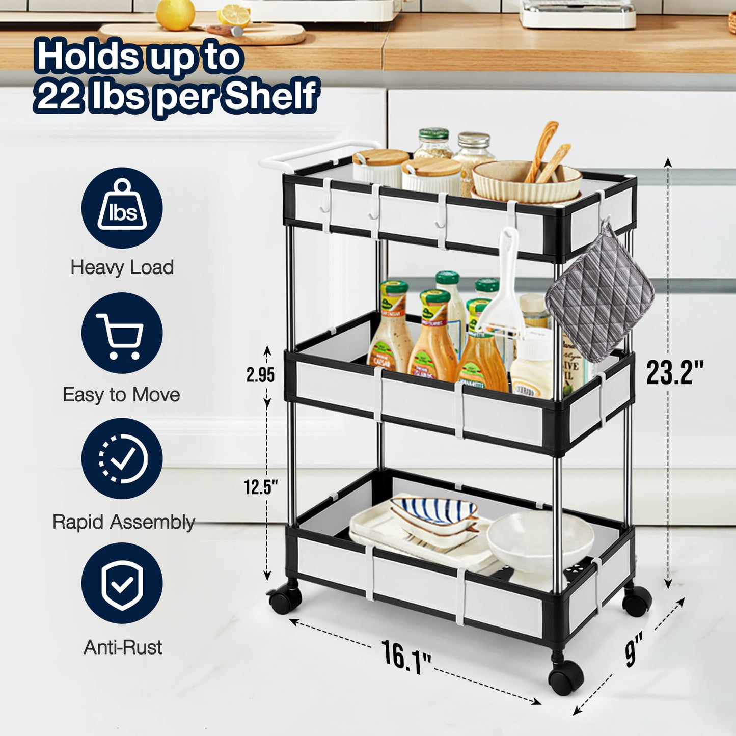 Livhil 3 Tier Rolling Cart Storage Rolling Utility Cart, Multifunctional Organization Cart