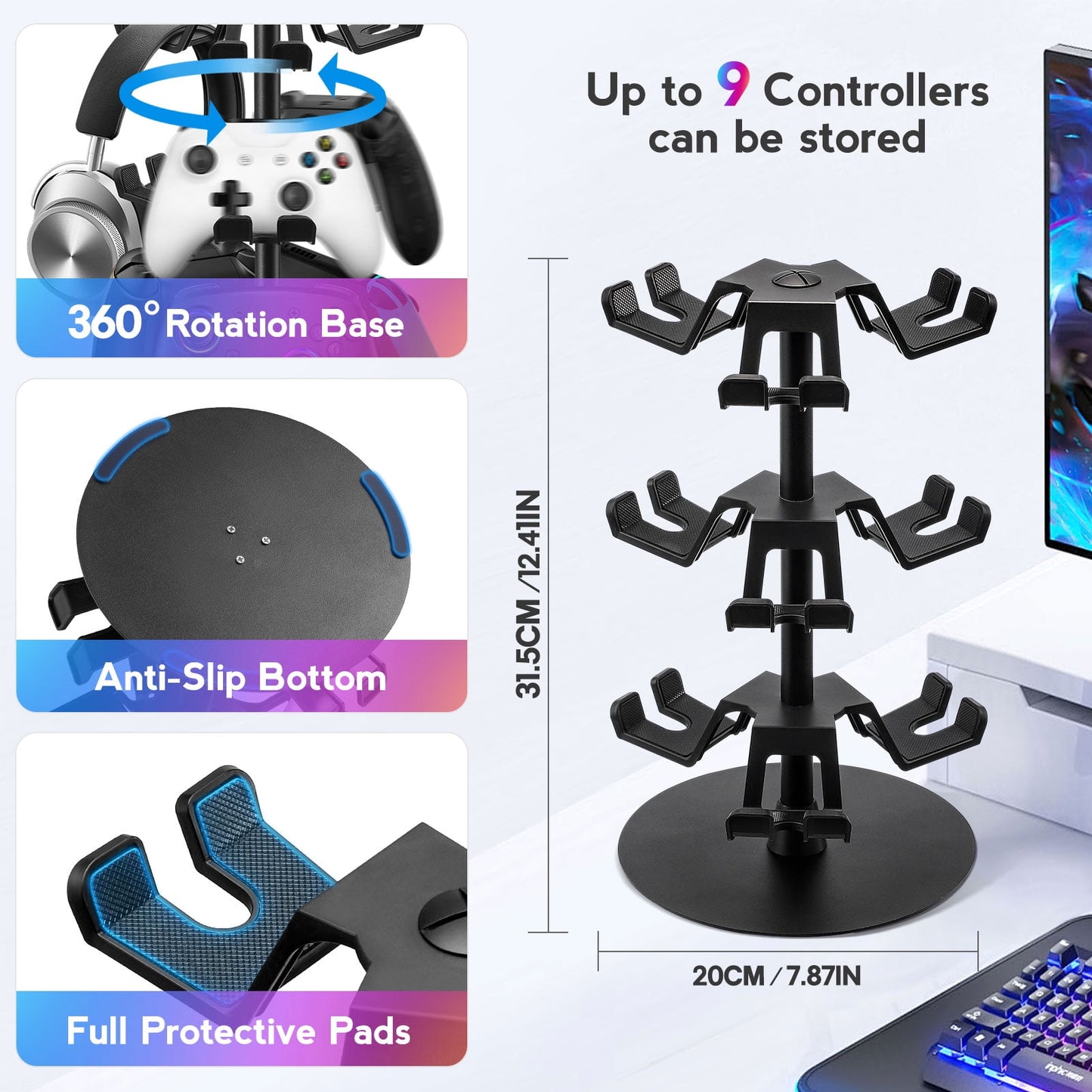 Livhil Rotatable Controller Stand, High Stability Headset and Controller Stand for Desk, Universal Game Controller Stand for All Gamepads