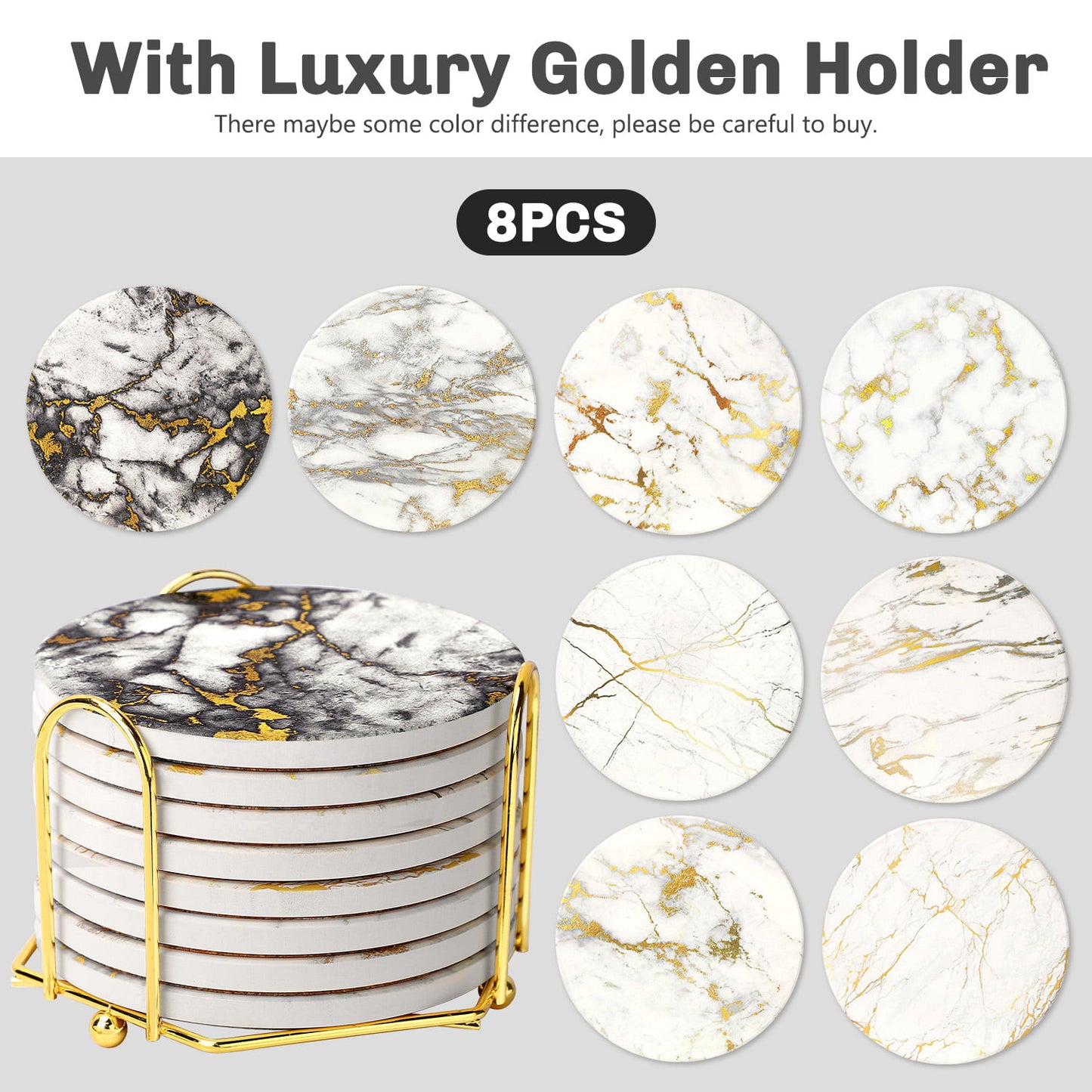 8 Pcs Drink Gold Coasters with Metal Holder Stand , Marble Coasters Design Ceramic Coaster Set
