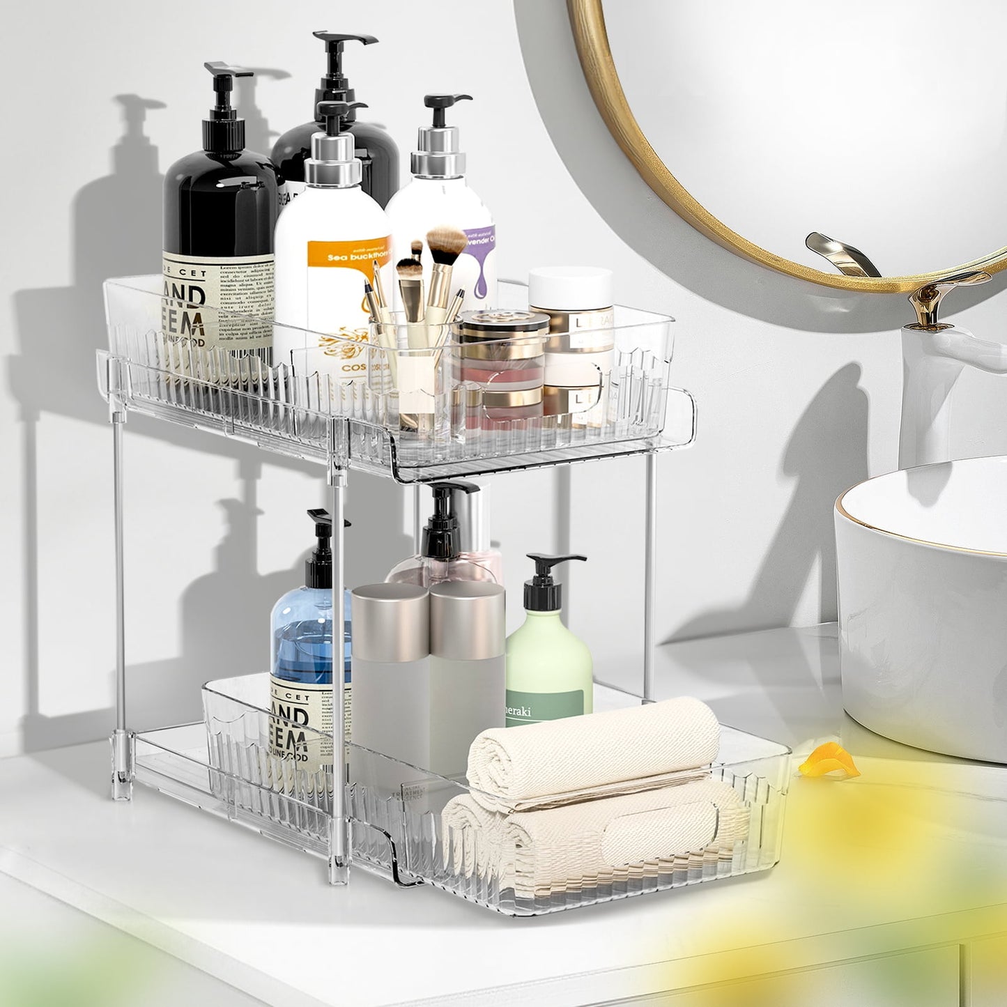 Livhil Under Sink Organizer, 2 Tier Pull Out Clear Under Sink Storage with 3 Removable Dividers, Bathroom Cabinet Organizer Shelf , Stackable Pantry Organization and Storage (11.6×7.7×10.2in)