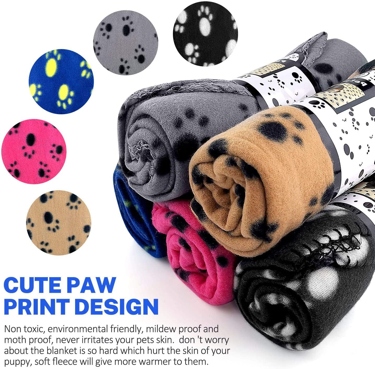 Livhil 5 Pack Large Fleece Dog Blanket, 38x 27 inch Fluffy Cat Puppy Blanket, Soft Pet Blanket Sleep Mat Bed Cover with Color Paw Printing for Home Using