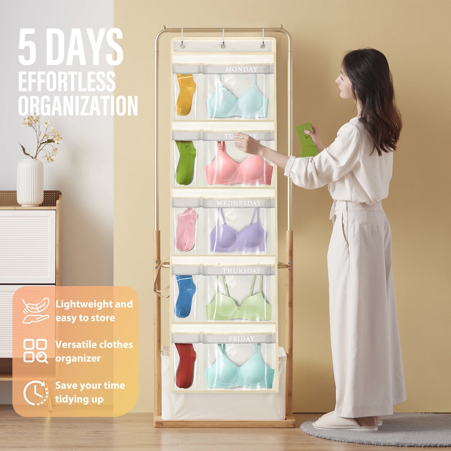 Livhil Hanging Closet Organizer, Weekly Clothes Organizer with Days of the Week Pockets