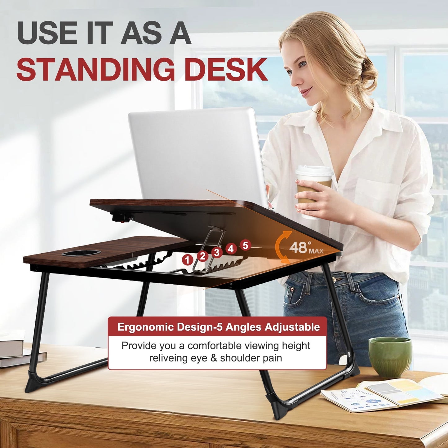 Livhil Lap Desk- Fits up to 15.6 Inch Laptop Desk, Foldable Bed Tray Breakfast Table with 5 Angles Tilting Top