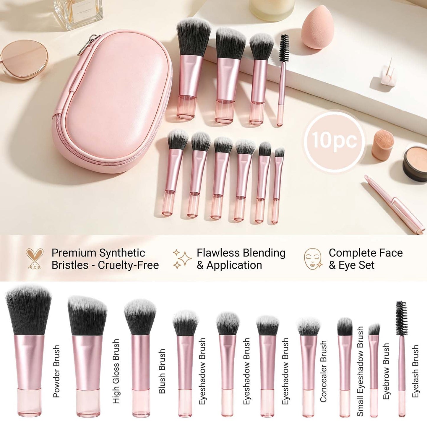 Livhil 10pcs Portable Travel Makeup Brush Set, Function Mini Makeup Brushes with Pouch