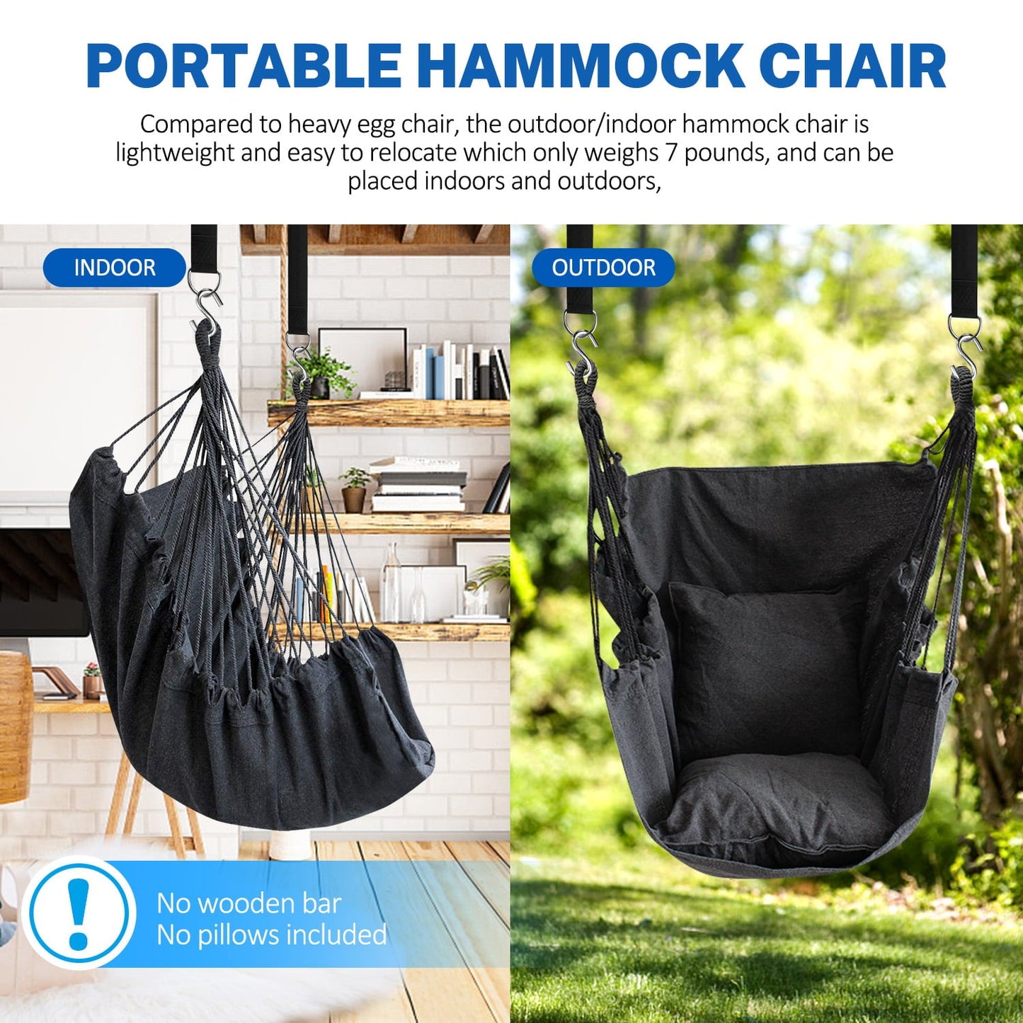 Hammock Chair Hanging Rope Hammock Swing Chair, Max 300 lbs Portable Hanging Hammock Chair