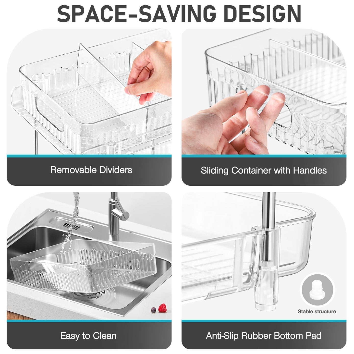 Livhil Under Sink Organizer, 2 Tier Pull Out Clear Under Sink Storage with 3 Removable Dividers, Bathroom Cabinet Organizer Shelf , Stackable Pantry Organization and Storage (11.6×7.7×10.2in）