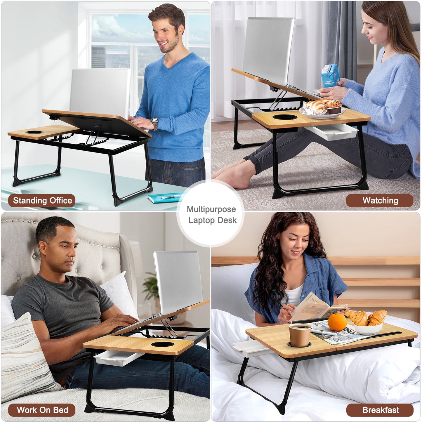 Livhil Lap Desk- Fits up to 15.6 Inch Laptop Desk, Foldable Bed Tray Breakfast Table with 5 Angles Tilting Top