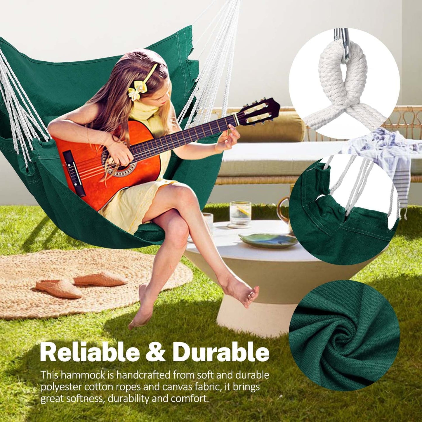 Livhil Hammock Chair Hanging Rope Hammock Swing Chair, Max 330 lbs Portable Hanging Hammock Chair (Dark Green)