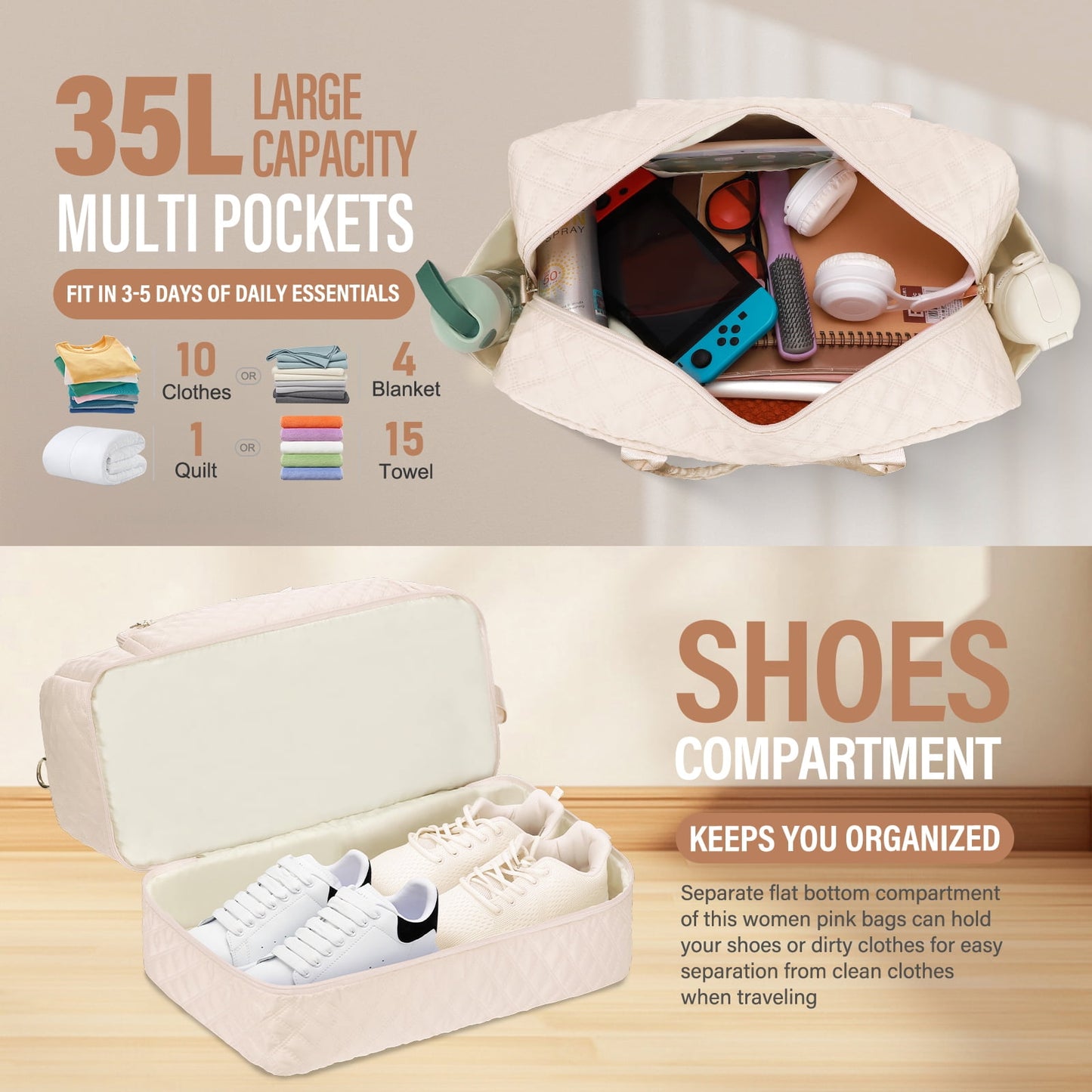 Livhil 2Pcs Large Women Travel Duffle Bag, Carry on Overnight Bag for Women Gym Bag with Shoe Compartment Weekender Travel Bag for Business Trips Sport Hospital