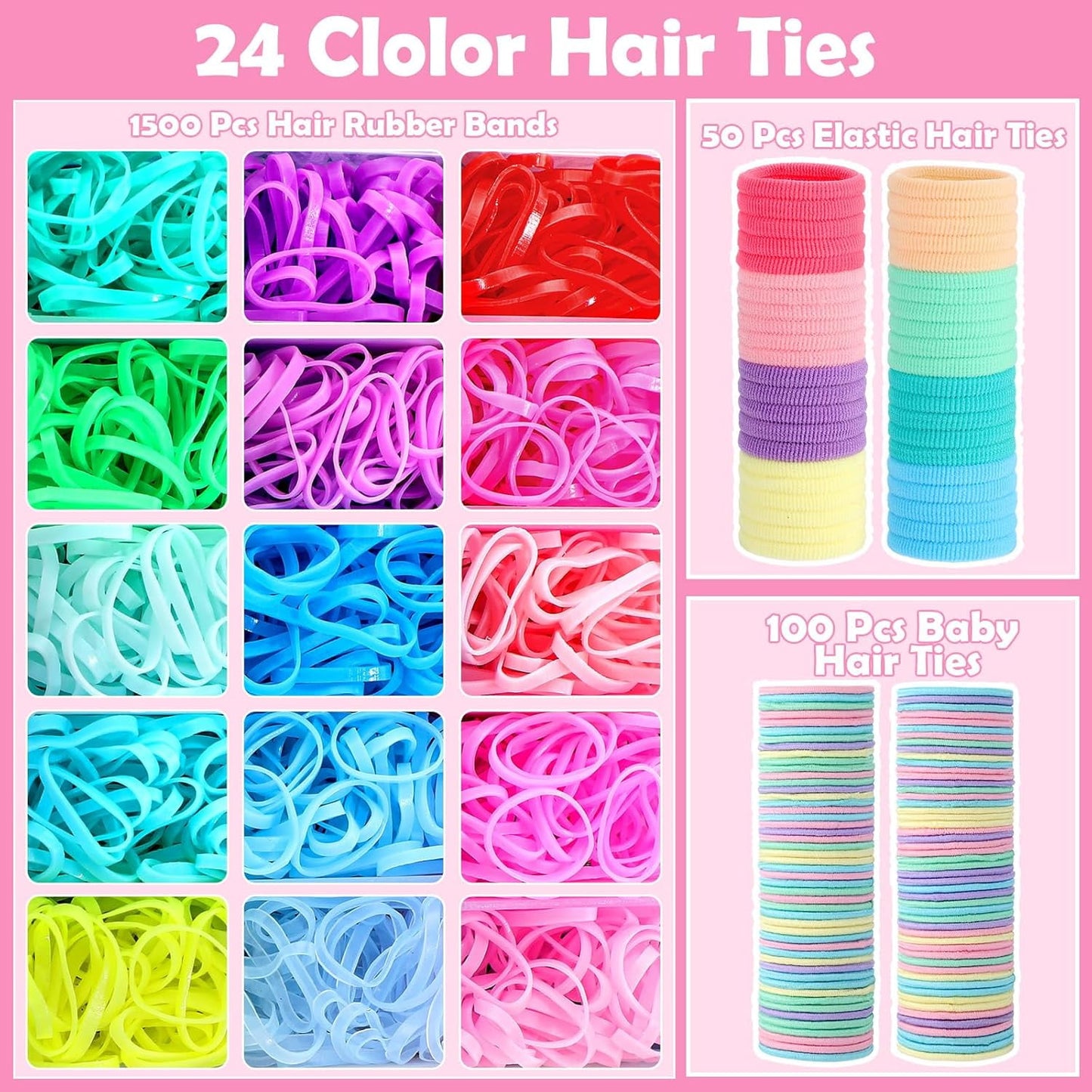 Livhil 24 Colors Hair Rubber Bands with Tail Hair Tools and Hair Clips, 1695 Pcs Elastic Small Hair Ties, Hair Accessories
