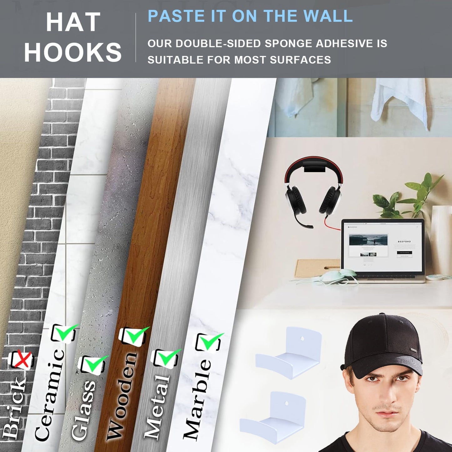 Livhil 24 Pack Adhesive Hat Hooks for Wall, Wide Brim Hat Holder Organizer, Strong Hold Hat Rack for Baseball Caps