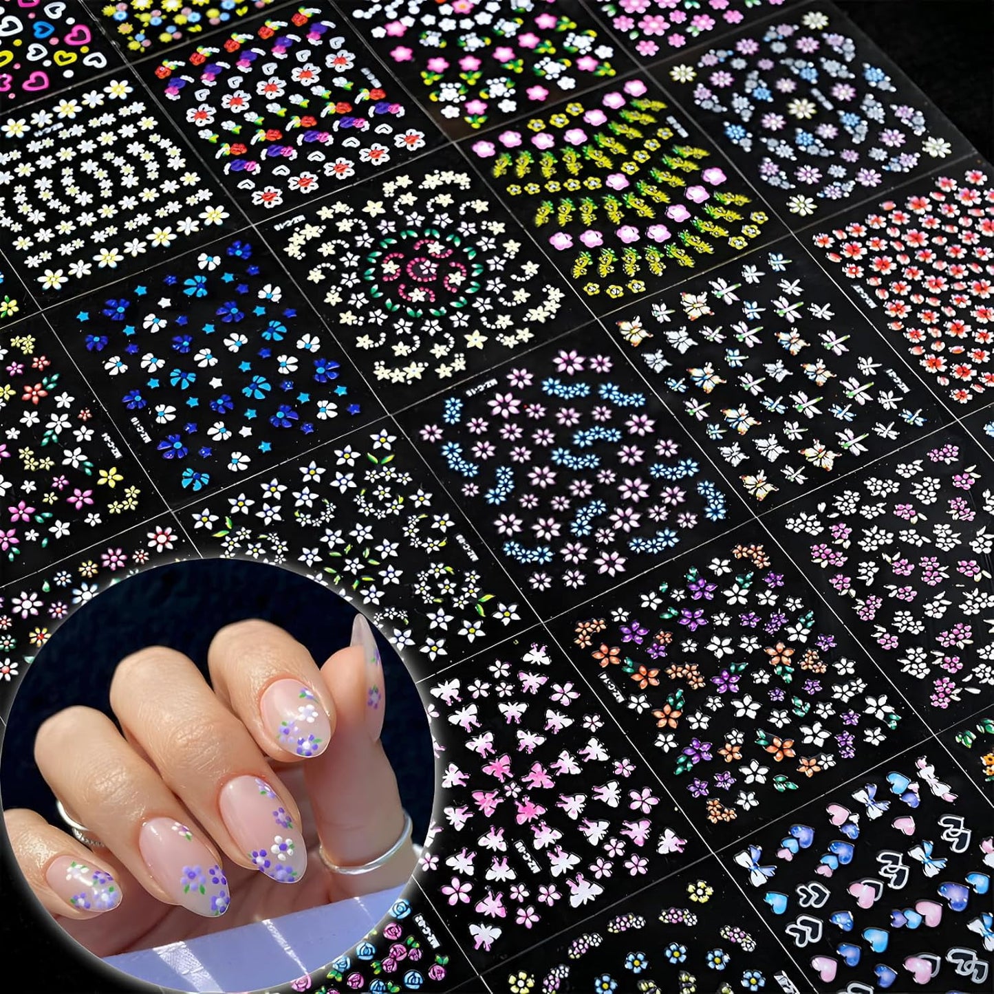 Livhil 30 Sheets Flower Nail Stickers Colorful Nail Decals Nail Stickers for Nail Art 3D Self Adhesive