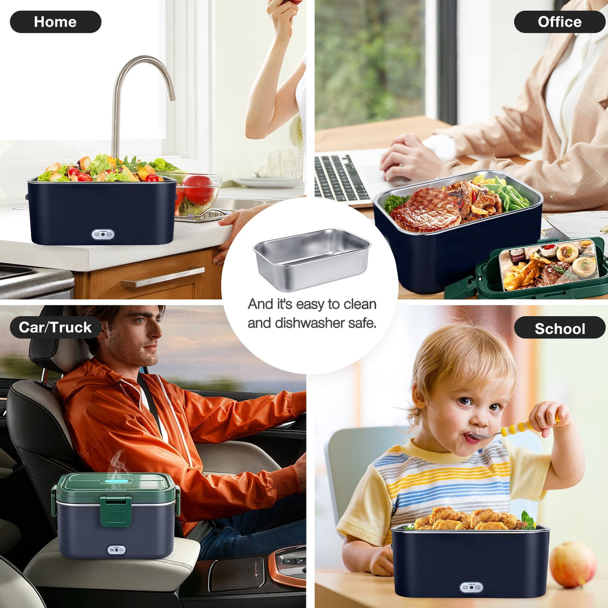 Livhil Electric Lunch Box Food Heater, Portable Food Warmer, Hot Lunch Warmer Heated Lunch Box for Adults, 60W 1.8L 12V-24V 110V Stainless Steel Container Portable Food Heater (Dark Blue Green)