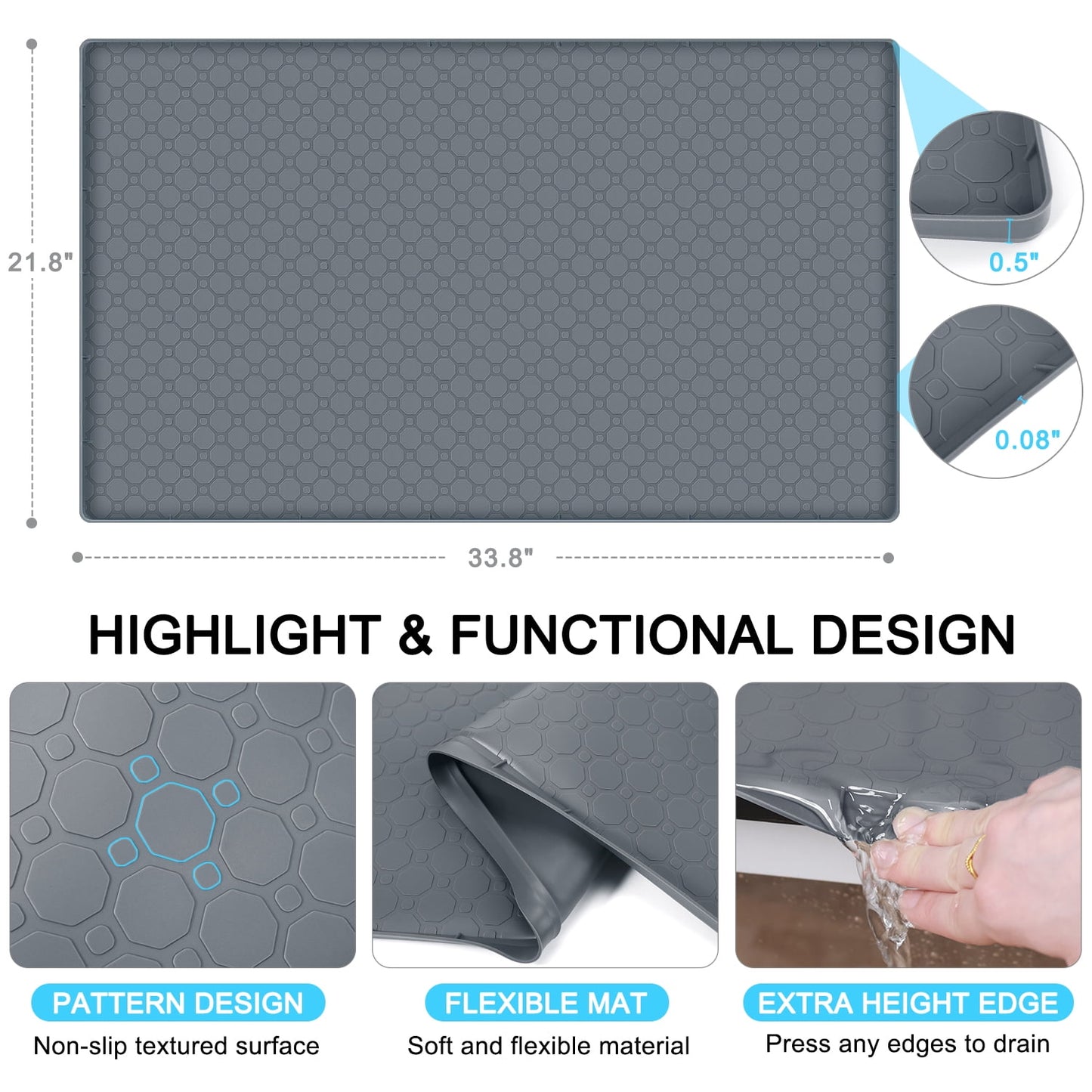 Livhil Under Sink Mat for Kitchen Waterproof, 34"x 22" Silicone Sink Mat Cabinet Liner for Bathroom Under Sink Mat with Raised Edge