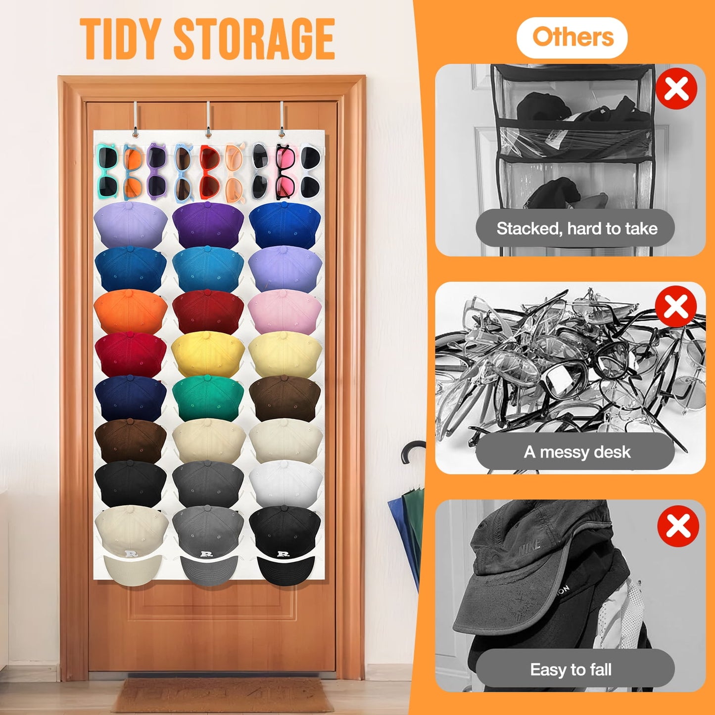Livhil Over The Door Hat Organizer, Hat Storage for Baseball Cap with 24 Pockets, Visible Hat Holder for Hanging and Display Ball Cap Sunglass