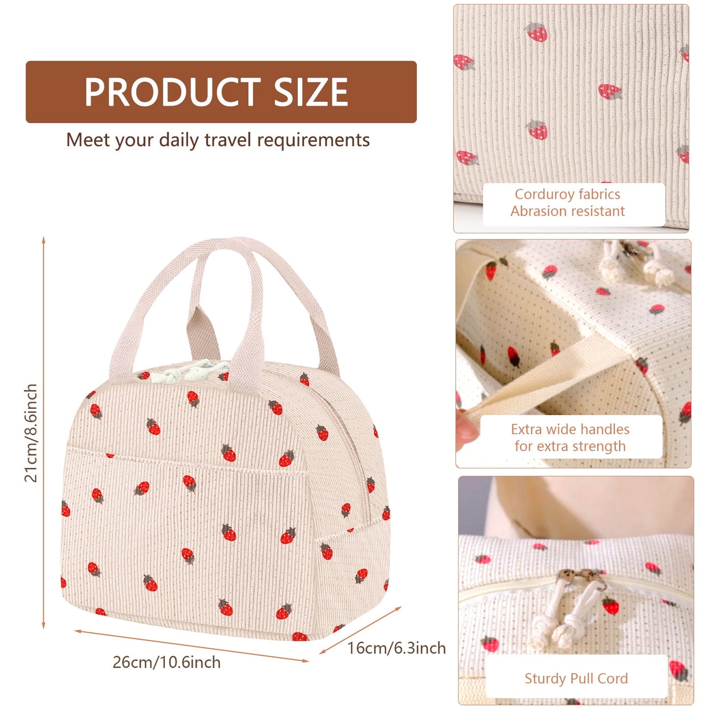 Livhil Corduroy Lunch Bag for Women, Reusable Cute Lunch Tote Bag Insulated lunch Box Bag for Work Picnic, Beige Strawberry