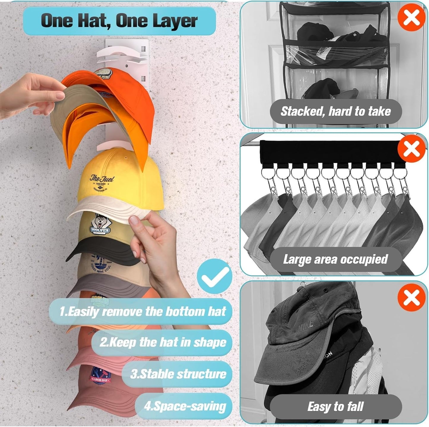 Livhil Hat Organizer for Baseball Caps 2Pack, Hat Rack for Wall with Strong Adhesive Hold up to 20 Hats, Hat Hanger Holder Display for Door Closet