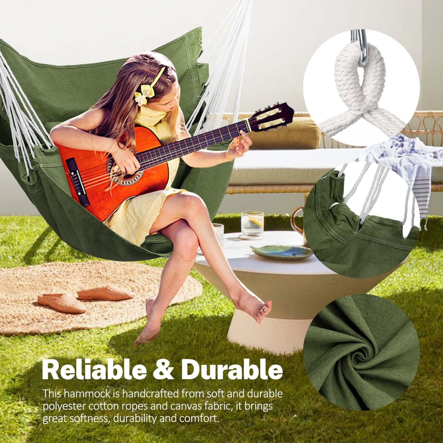 Livhil Hammock Chair Hanging Rope Hammock Swing Chair, Max 330 lbs Portable Hanging Hammock Chair (Dark Green)