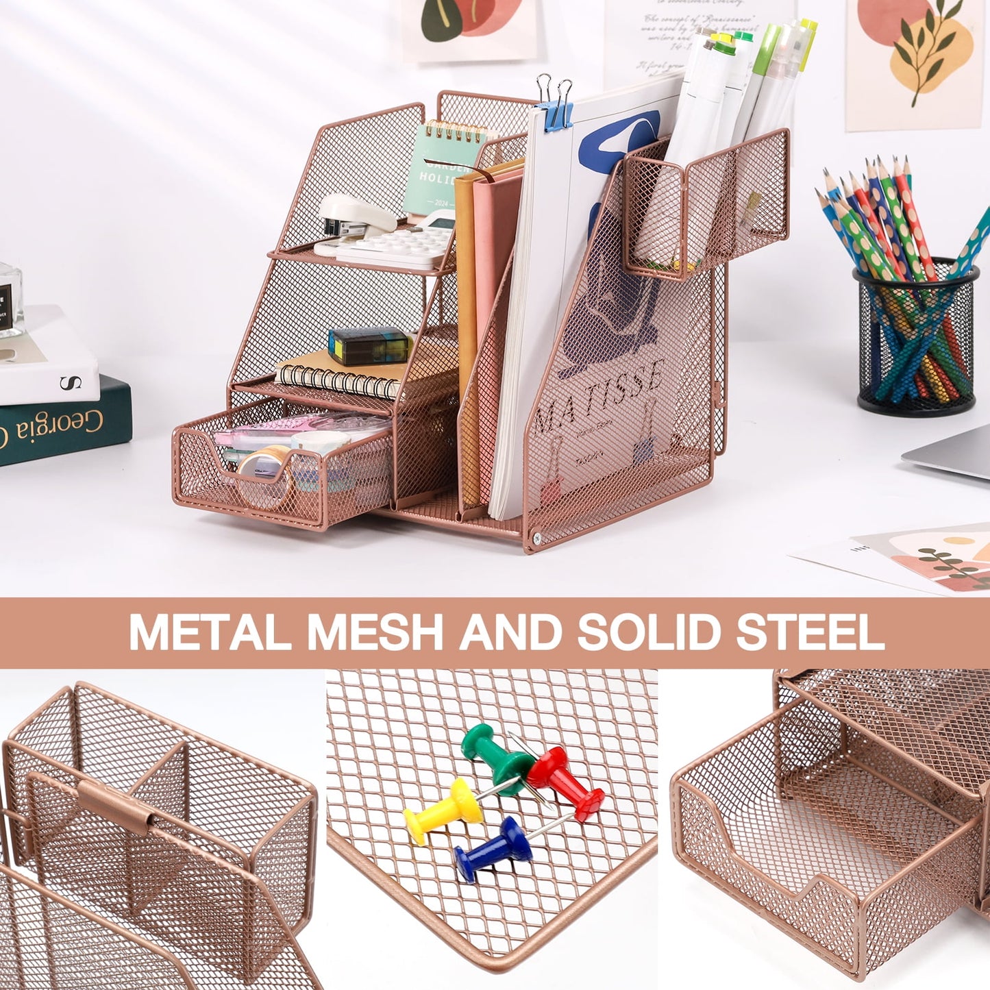 Livhil Desk Organizer Office Accessories, Workspace Rose Gold Desktop Organizer, File Organizer for Desk Drawer Organizer