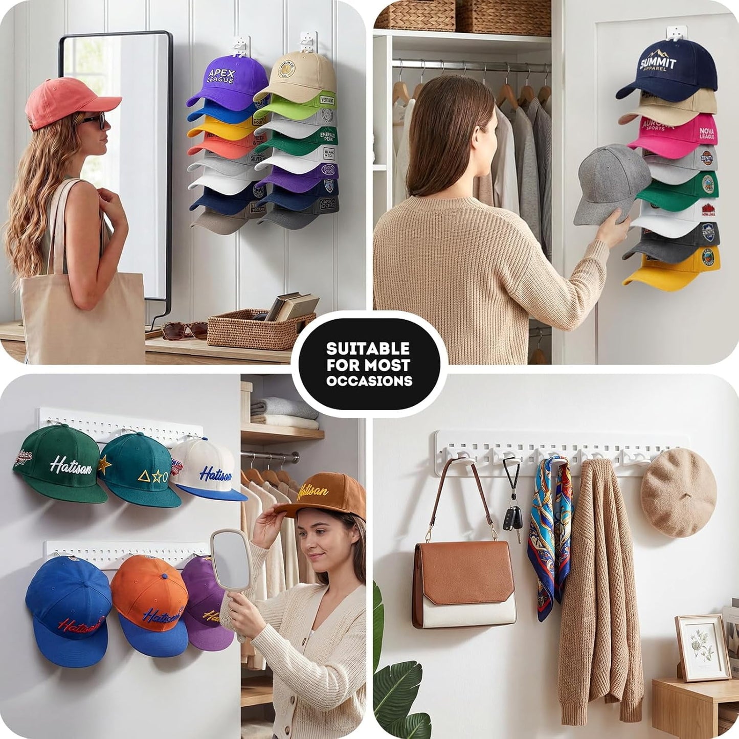 Livhil 2 Pack Hat Organizer for Baseball Caps, Detachable DIY Hat Rack Hold up to 22 Hats, Hat Holder for Wall Closet Door Bedroom (C-Black)