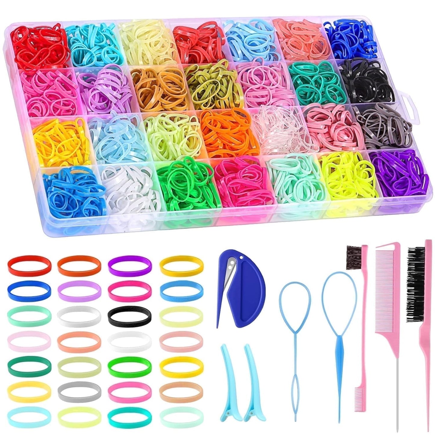 Livhil 24 Colors Hair Rubber Bands with Tail Hair Tools and Hair Clips, 1695 Pcs Elastic Small Hair Ties, Hair Accessories