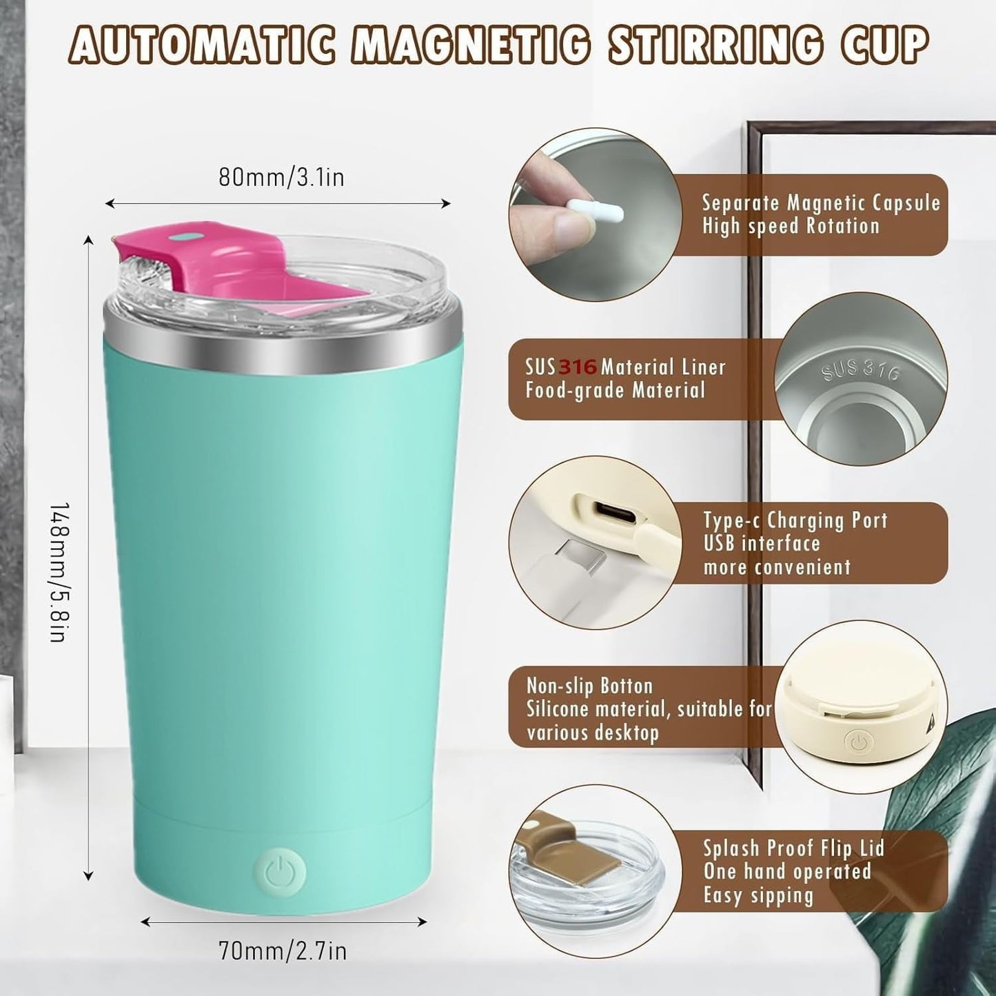 Livhil 13.5 Oz Self Stirring Mug with Lid Electric High Speed Mixing Rechargeable Automatic Magnetic Stirring Coffee Mug