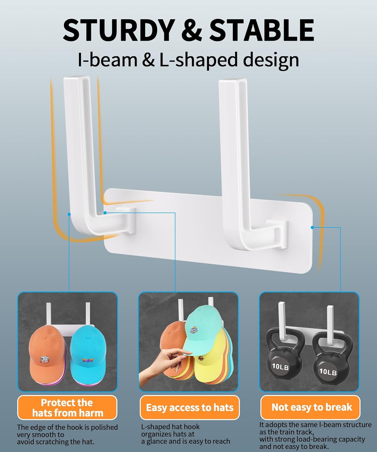 Livhil Hat Rack 2 Packs, Removable Long Row Hat Hooks for Wall, 2 Mounting Options Baseball Hat Organizer Holds 30 Hats