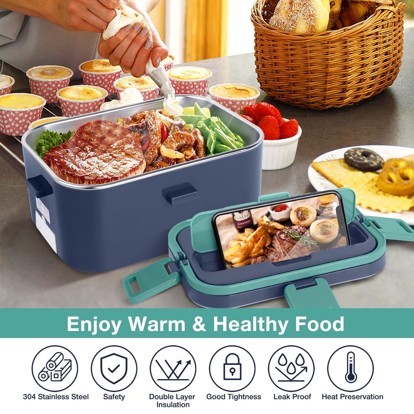 Livhil Electric Lunch Box Food Heater, Portable Food Warmer, Hot Lunch Warmer Heated Lunch Box for Adults, 60W 1.8L 12V-24V 110V Stainless Steel Container Portable Food Heater