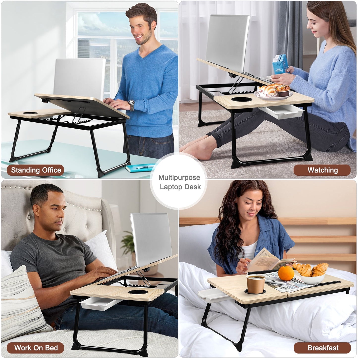 Livhil Lap Desk- Fits up to 15.6 Inch Laptop Desk, Foldable Bed Tray Breakfast Table with 5 Angles Tilting Top