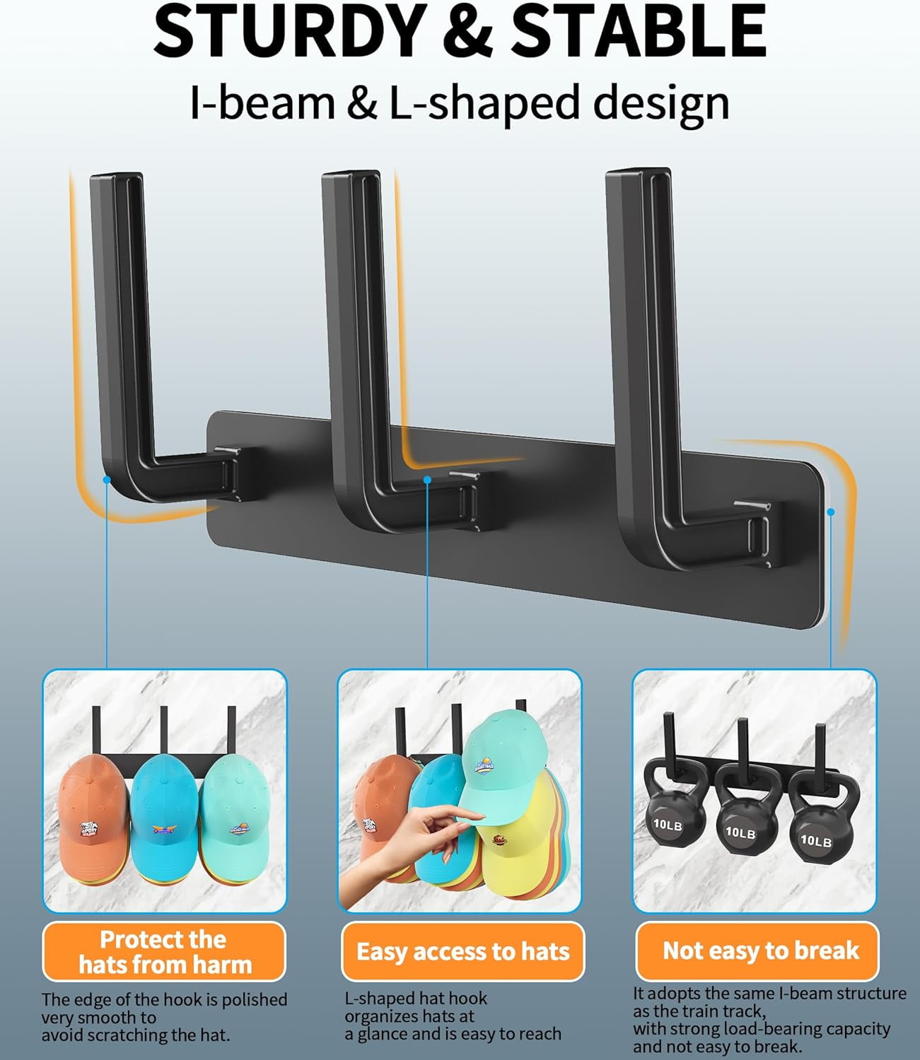 Livhil Hat Rack 2 Packs, Removable Long Row Hat Hooks for Wall, 2 Mounting Options Baseball Hat Organizer Holds 30 Hats