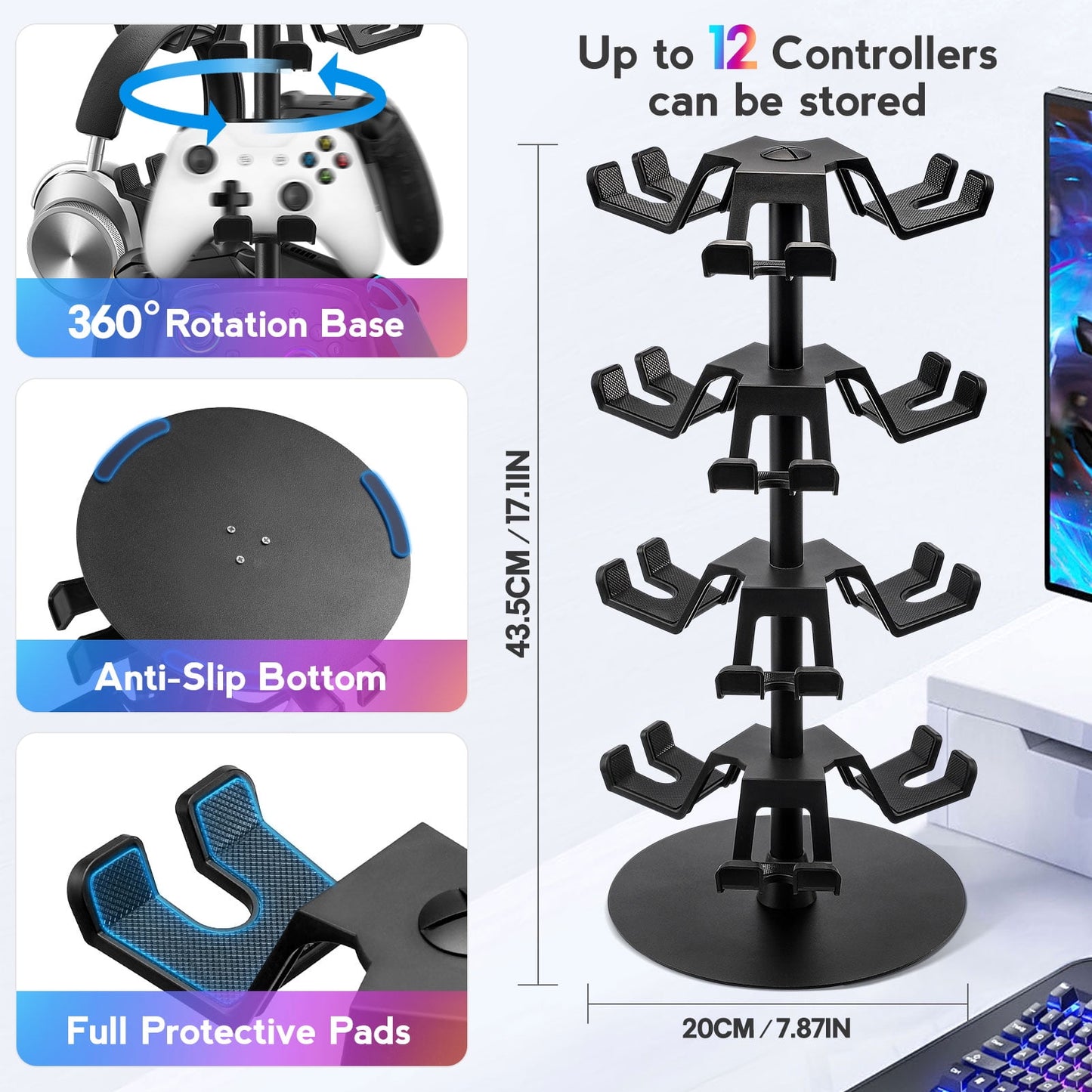 Livhil Rotatable Controller Stand, High Stability Headset and Controller Stand for Desk, Universal Game Controller Stand for All Gamepads