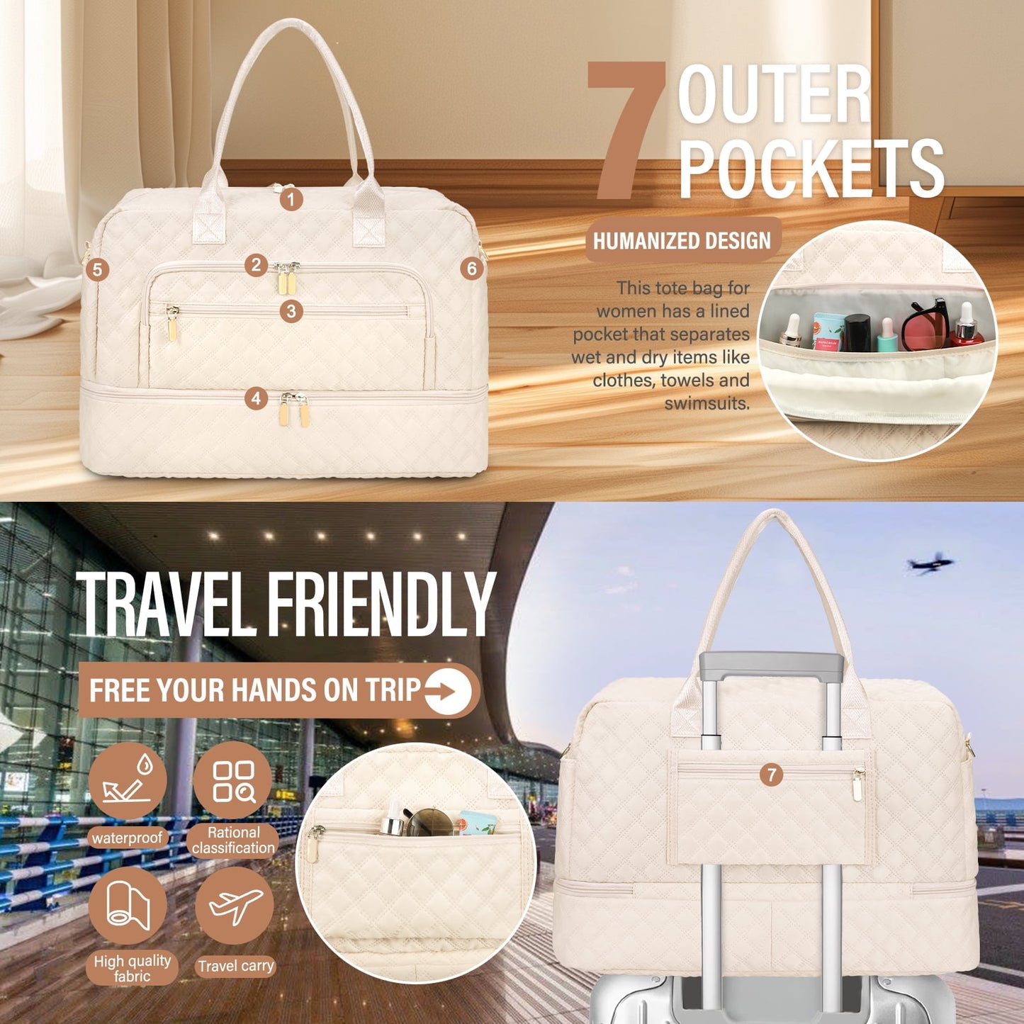 Livhil 2Pcs Large Women Travel Duffle Bag, Carry on Overnight Bag for Women Gym Bag with Shoe Compartment Weekender Travel Bag for Business Trips Sport Hospital