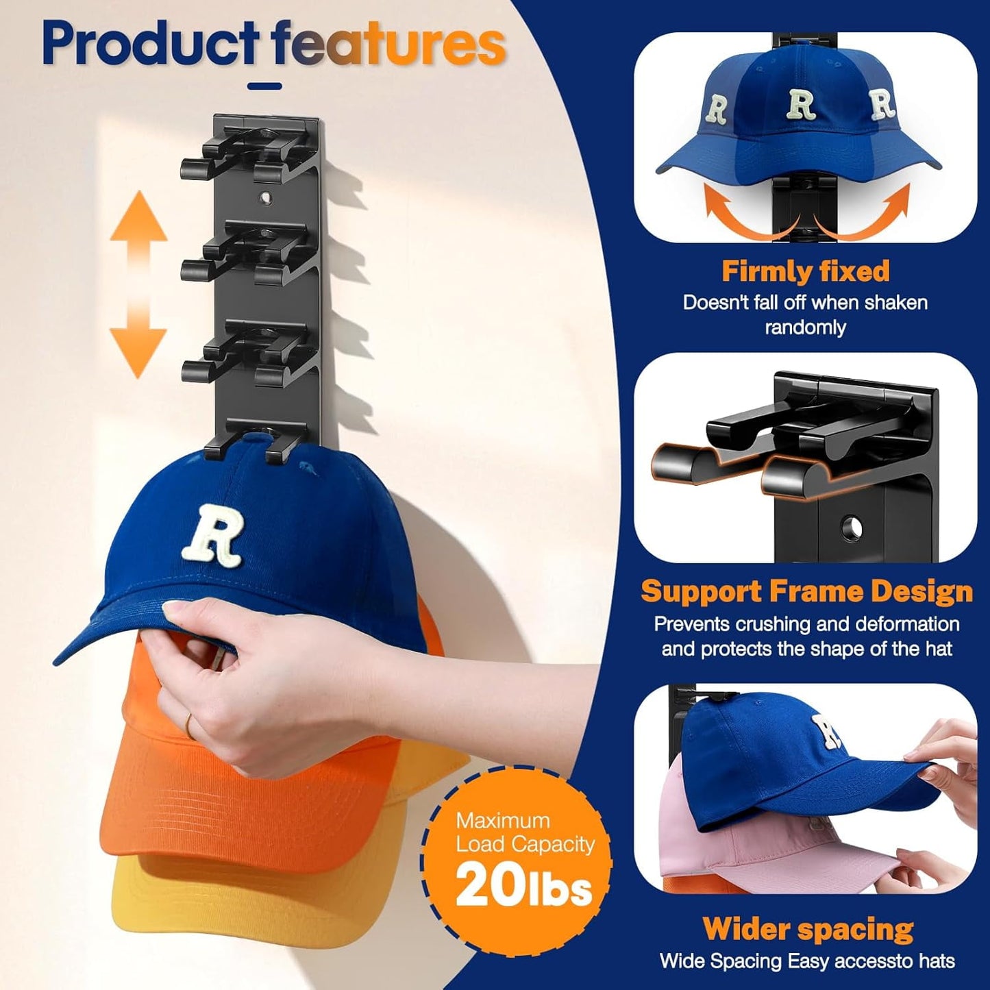 Livhil 2 Pack Hat Rack for Baseball Caps, Adhesive Hat Holder for Wall, Baseball Hat Storage Hold Up to 20 Hats