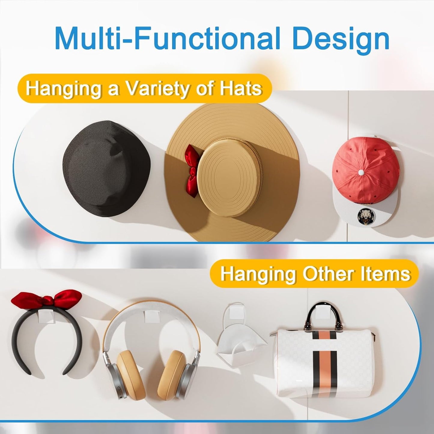 Livhil 24 Pack Adhesive Hat Rack, ABS Plastic Wall Hat Organizer, Multipurpose Hat Hooks for Wall, No Drilling