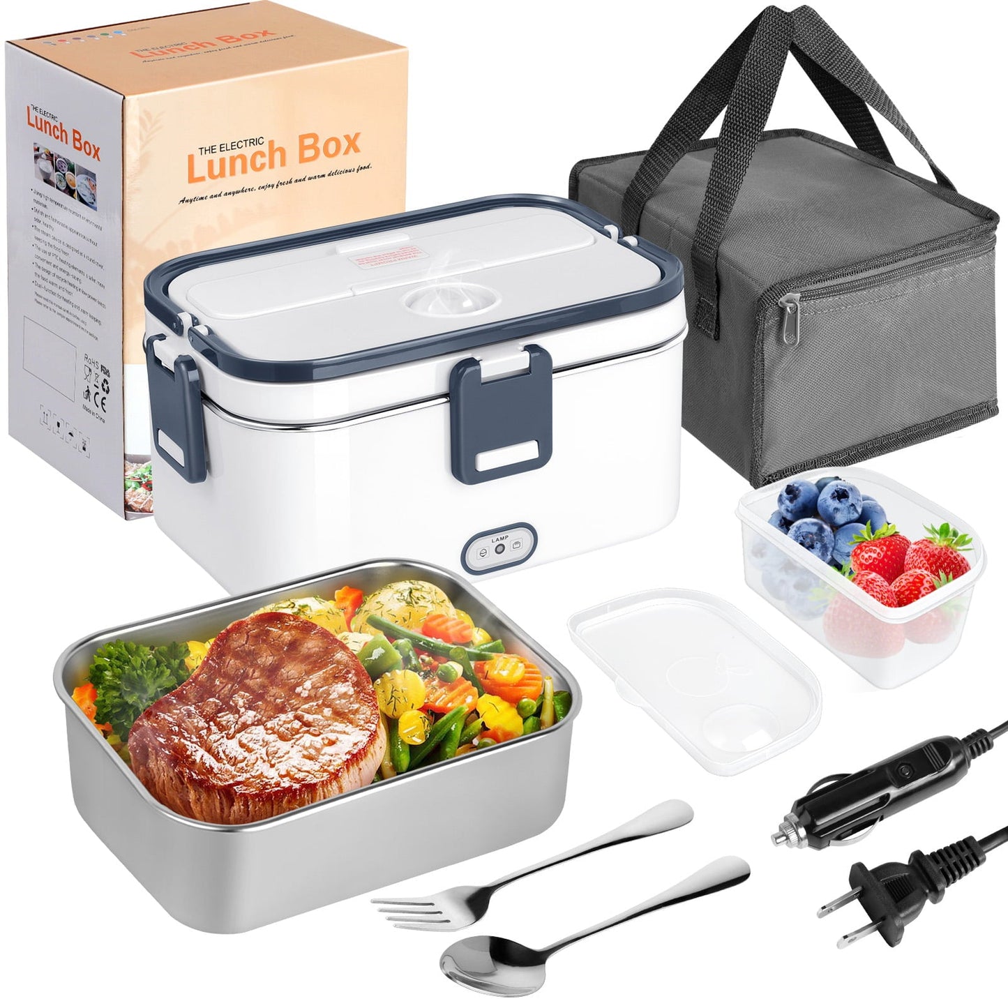 Livhil Electric Lunch Box Food Heater, Portable Food Warmer, Hot Lunch Warmer Heated Lunch Box for Adults, 60W 1.8L 12V-24V 110V Stainless Steel Container Portable Food Heater