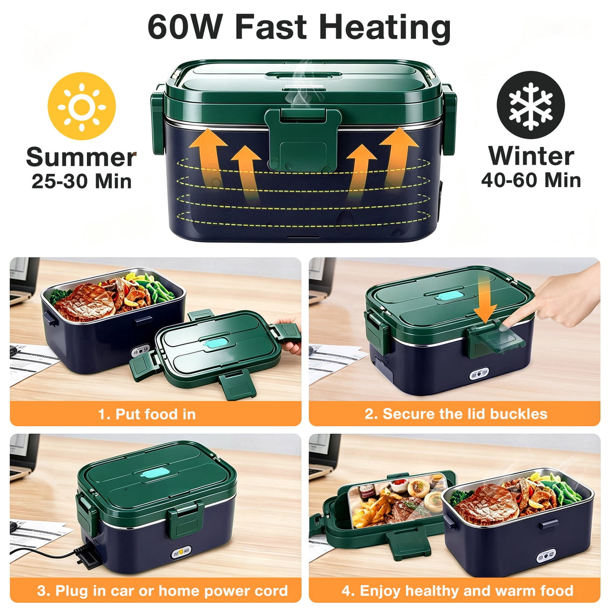Livhil Electric Lunch Box Food Heater, Portable Food Warmer, Hot Lunch Warmer Heated Lunch Box for Adults, 60W 1.8L 12V-24V 110V Stainless Steel Container Portable Food Heater (Dark Blue Green)
