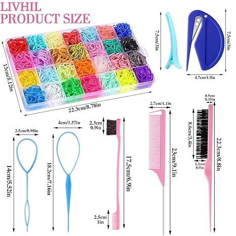 Livhil 24 Colors Hair Rubber Bands with Tail Hair Tools and Hair Clips, 1695 Pcs Elastic Small Hair Ties, Hair Accessories