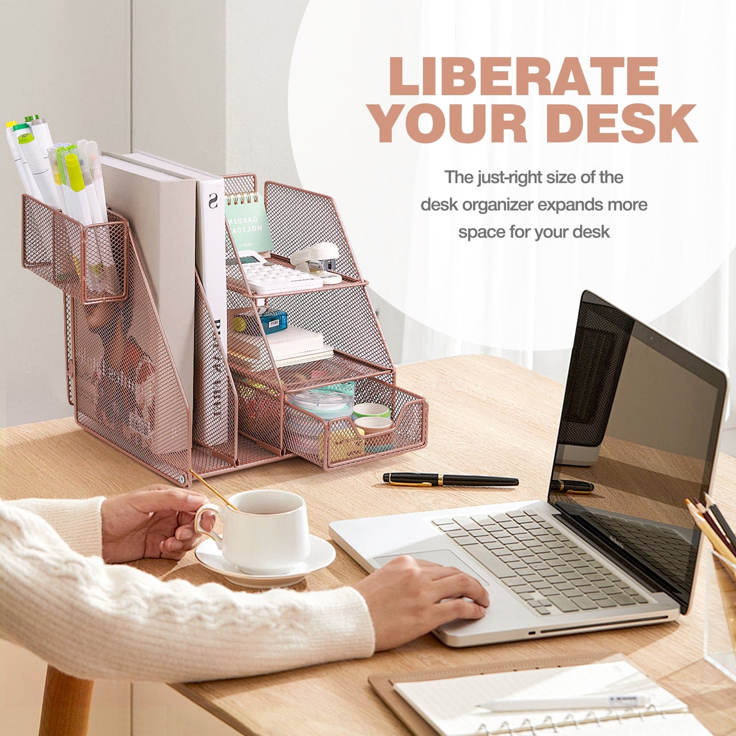 Livhil Desk Organizer Office Accessories, Workspace Rose Gold Desktop Organizer, File Organizer for Desk Drawer Organizer