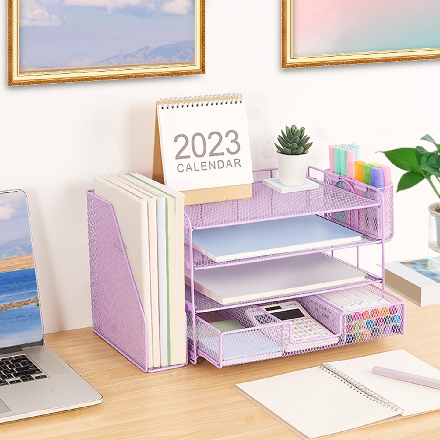 Livhil Desk Organizer Office Accessories, 4-Tier Desk Organizers and Storage & Workspace with Drawer and 2 Pen Holder for Office Supplies (Black)