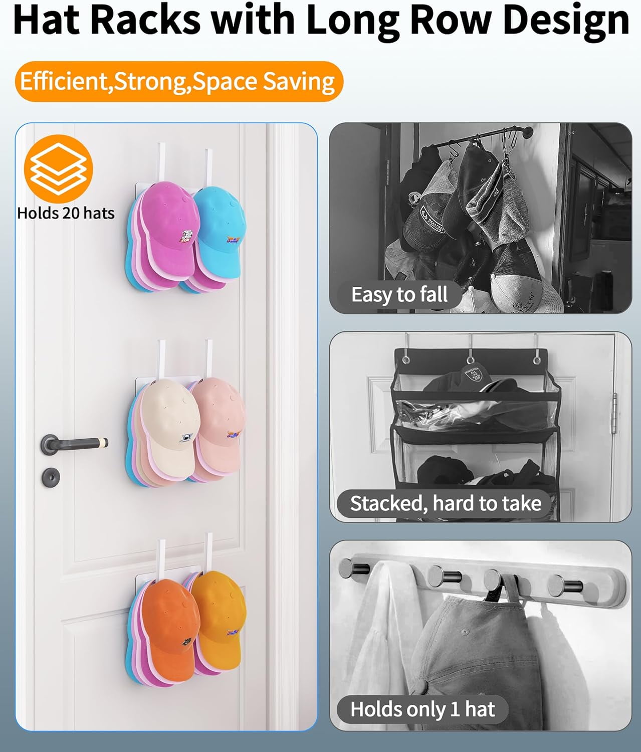 Livhil Hat Rack 2 Packs, Removable Long Row Hat Hooks for Wall, 2 Mounting Options Baseball Hat Organizer Holds 30 Hats