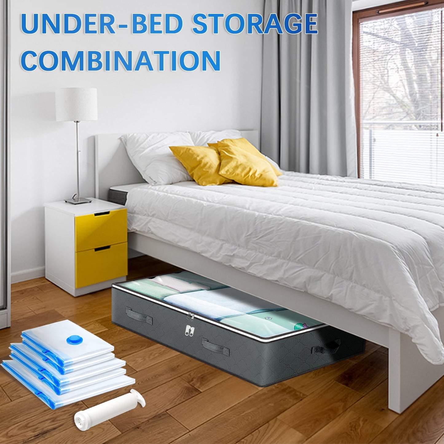 Livhil 4Pack Under Bed Storage Containers Under Bed Shoe Storage with 5Pcs Vacuum Storage Bags, Includes Hand Pump