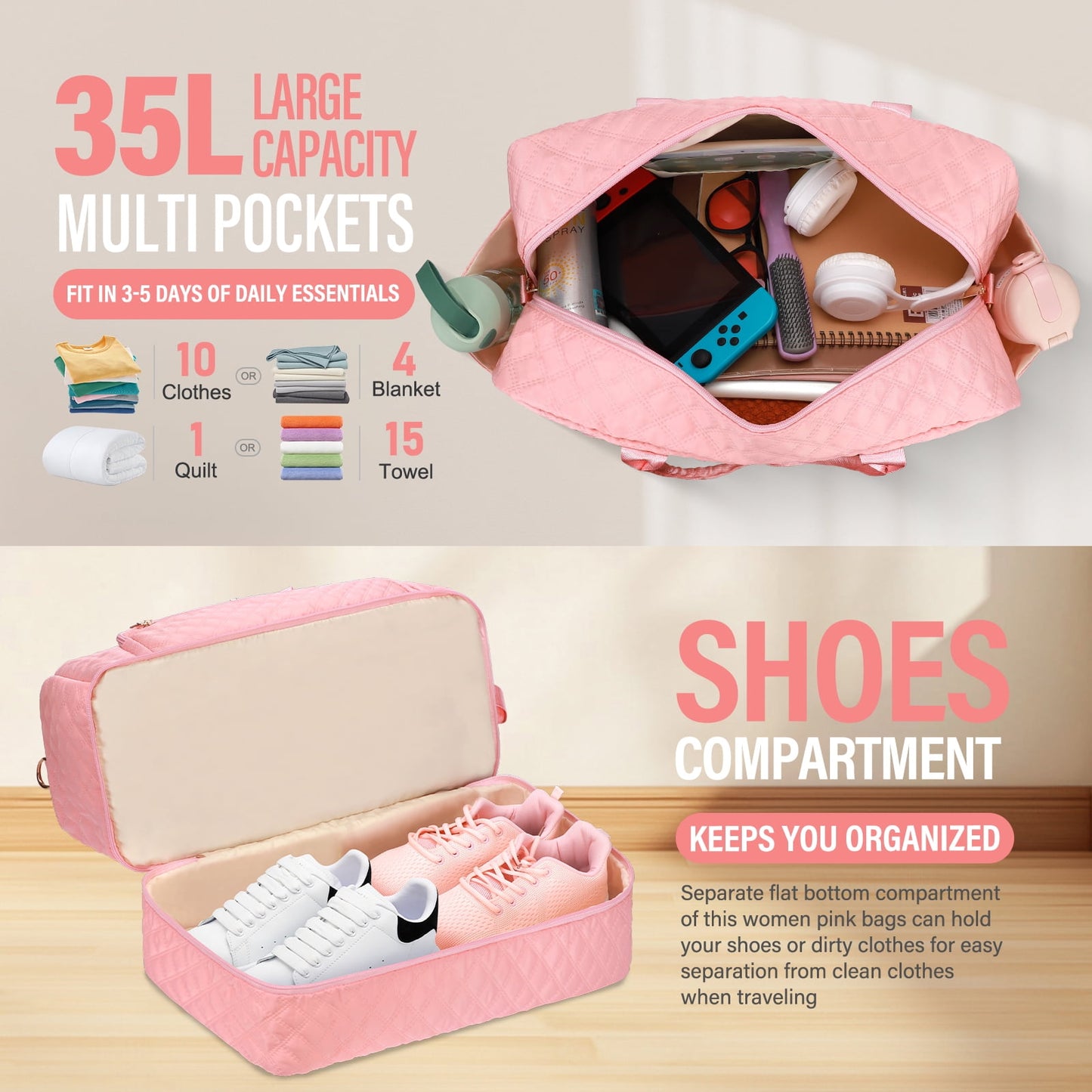 Livhil 2Pcs Large Women Travel Duffle Bag, Carry on Overnight Bag for Women Gym Bag with Shoe Compartment Weekender Travel Bag for Business Trips Sport Hospital