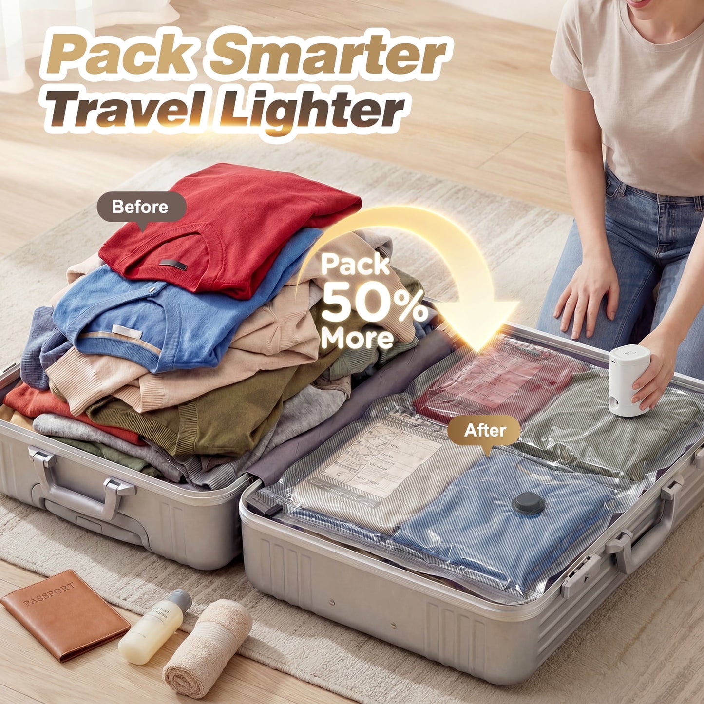 Livhil Vacuum Storage Bags with Electric Pump, Vacuum Seal Bags for Clothes, Travel Vacuum Bags with Pump, Reusable Shrink Bags, Square Grid