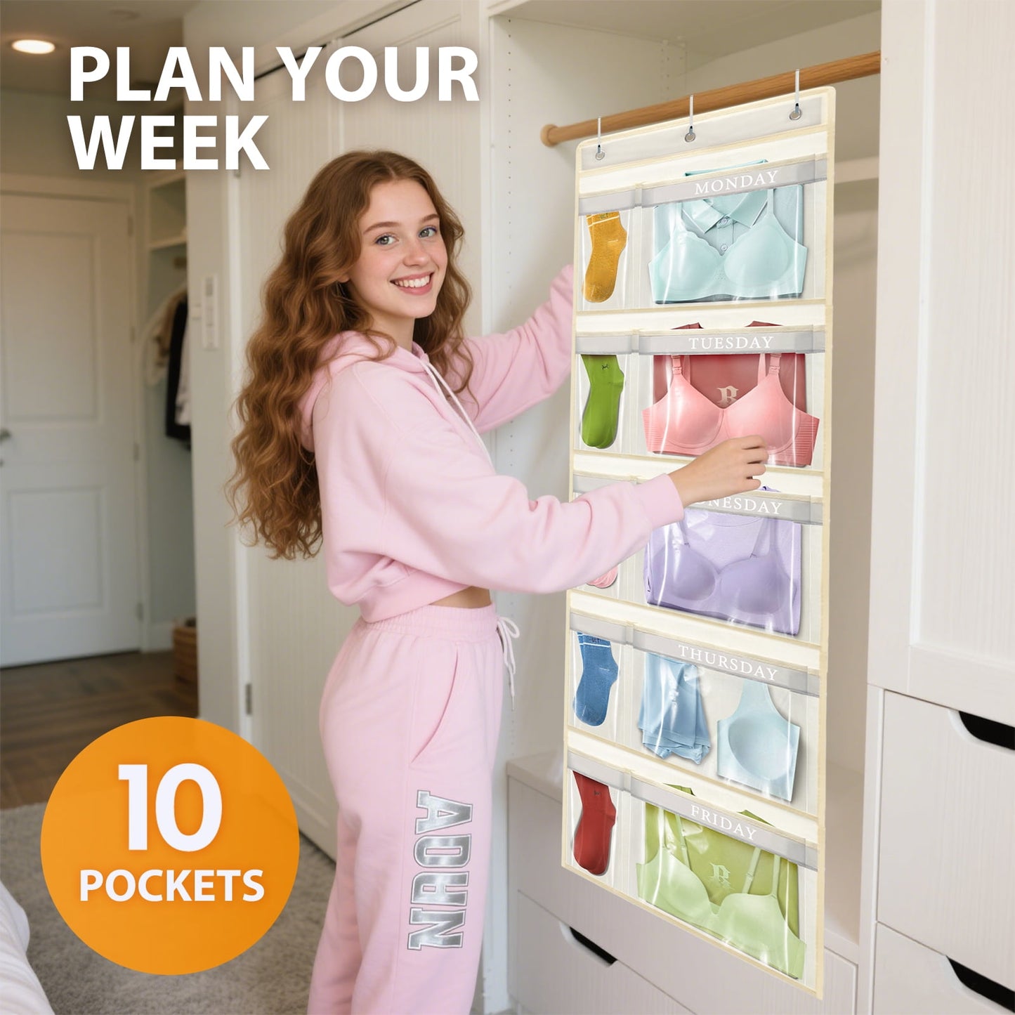 Livhil Hanging Closet Organizer, Weekly Clothes Organizer with Days of the Week Pockets