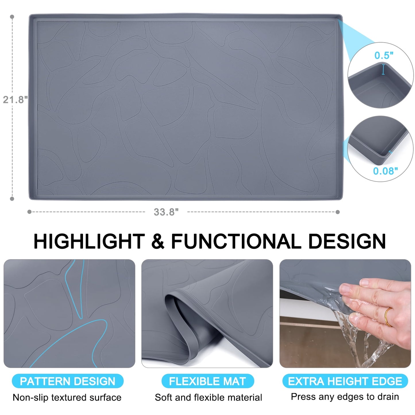 Livhil Under Sink Mat for Kitchen Waterproof, 34"x 22" Silicone Sink Mat Cabinet Liner for Bathroom Under Sink Mat with Raised Edge