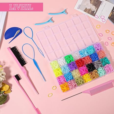 Livhil 24 Colors Hair Rubber Bands with Tail Hair Tools and Hair Clips, 1695 Pcs Elastic Small Hair Ties, Hair Accessories